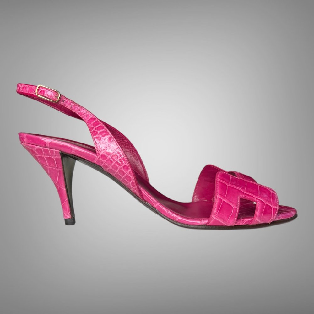 Hermes Night 70 Rose Scheherazade Crocodile Sandal Pumps Shoes EU 39 H Cutout